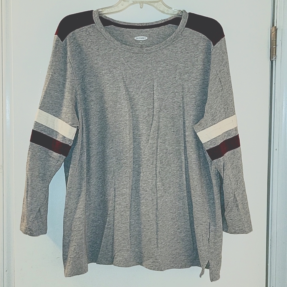 Old Navy Long Sleeve Shirt, XXL, Heather Gray w/ Maroon and White Striped Sleeve